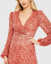 Red Sequined Puff Sleeve Wrap Over A Line Dress